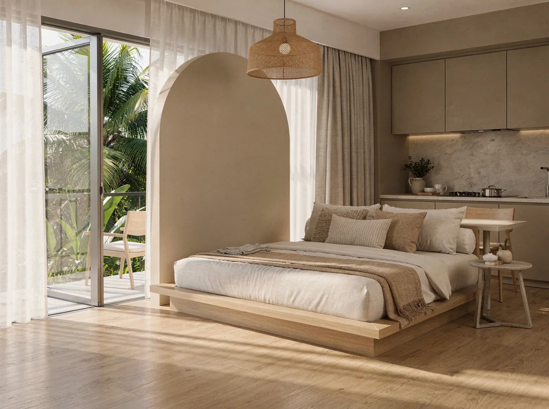 The Title Cocoon — Illustration: a compact 1-bed in the Cocoon mood